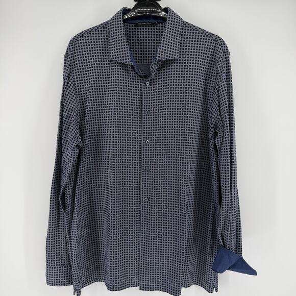 Bugatchi Other - Bugatchi Button Up Shirt Casual Blue Check Polka Dot Flip Cuff Mens Size 2XL